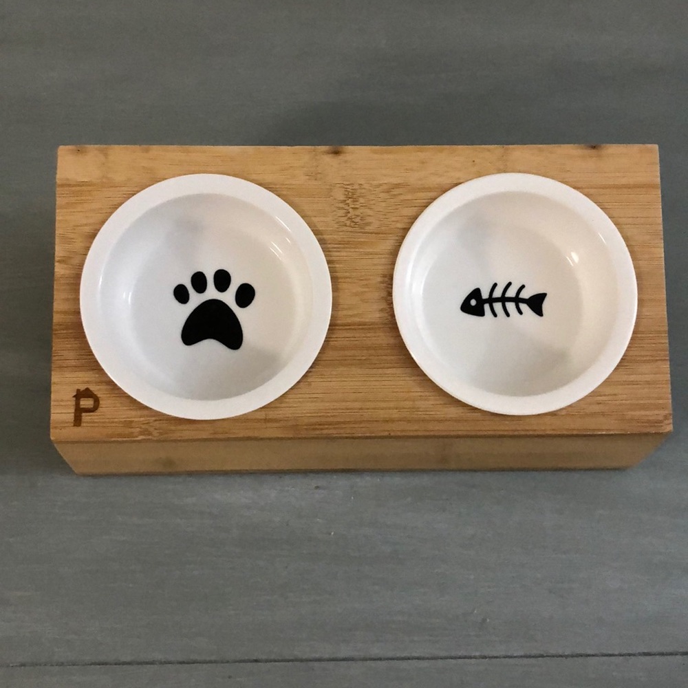 Elevated cat/small dog feeder.